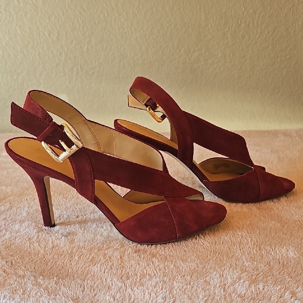 Michael Kors Burgundy Suede Slingback Heels with Gold Accent
